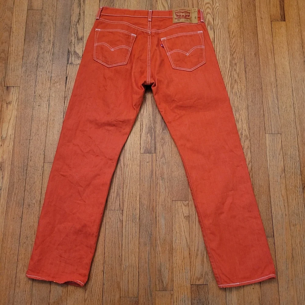 Levis 34x32 Jeans Orange Red Straight Leg White Contrast Stitch 501 Retro 90s